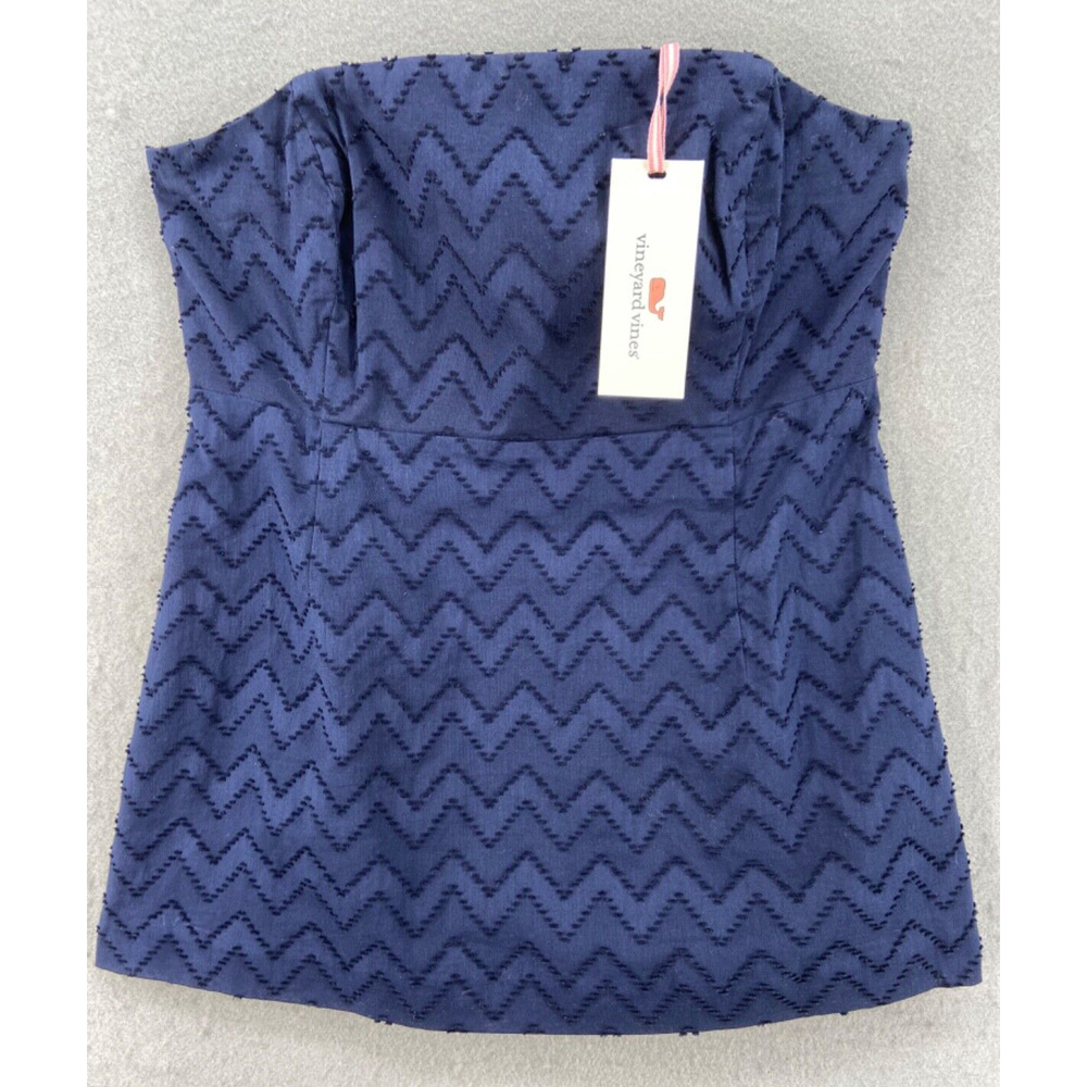 NWT Vineyard Vines Shirt Womens Sz 2 Navy Blue Chevron Eyelet‎ Strapless Top $98